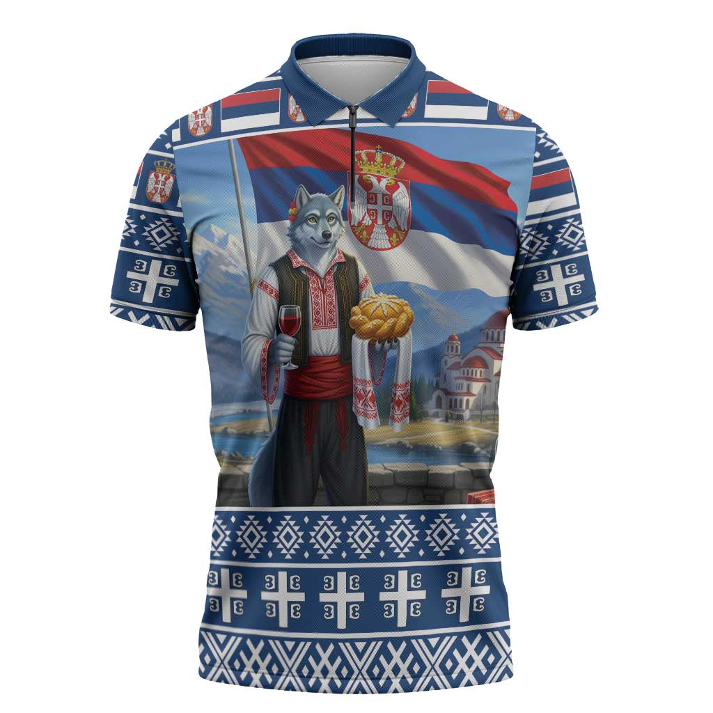 Serbia Christmas Wolf Zipper Polo Shirt Vuk Serbian Mascot - Wonder Print Shop