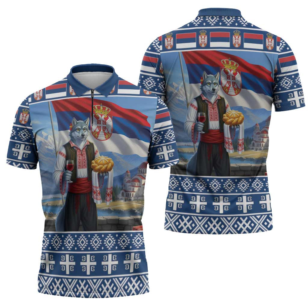 Serbia Christmas Wolf Zipper Polo Shirt Vuk Serbian Mascot - Wonder Print Shop