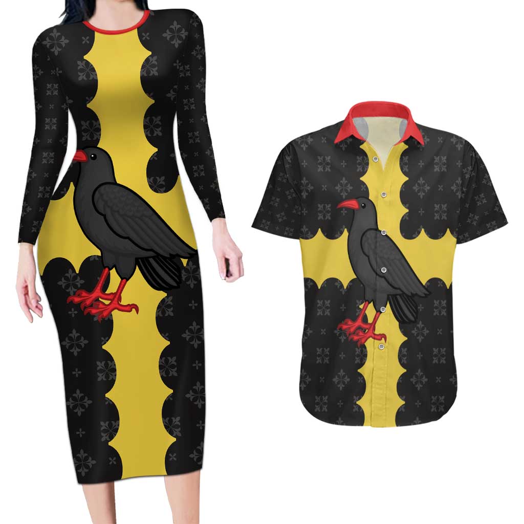 Custom Flintshire Wales Couples Matching Long Sleeve Bodycon Dress and Hawaiian Shirt Coat Of Arms with Heraldic Flag - Wonder Print Shop