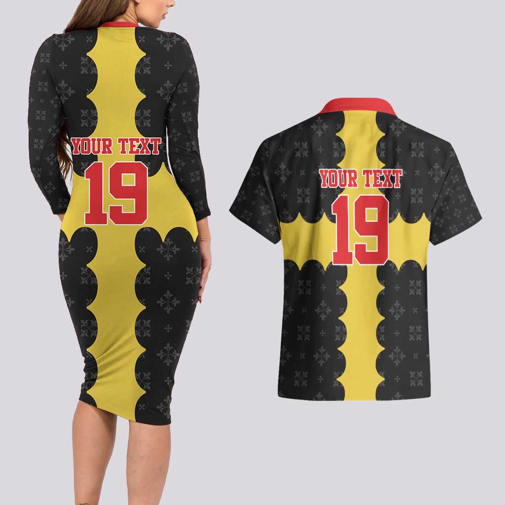 Custom Flintshire Wales Couples Matching Long Sleeve Bodycon Dress and Hawaiian Shirt Coat Of Arms with Heraldic Flag - Wonder Print Shop