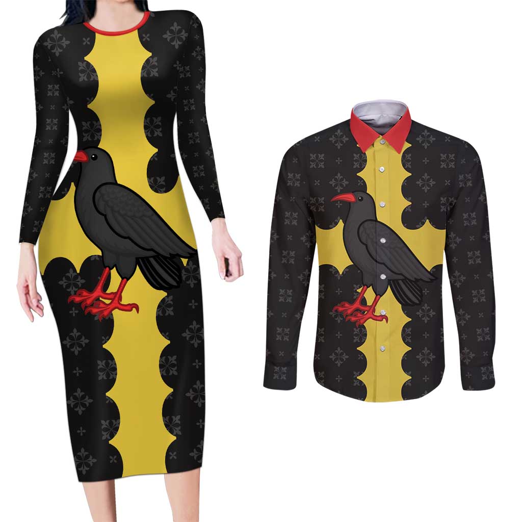 Custom Flintshire Wales Couples Matching Long Sleeve Bodycon Dress and Long Sleeve Button Shirt Coat Of Arms with Heraldic Flag - Wonder Print Shop