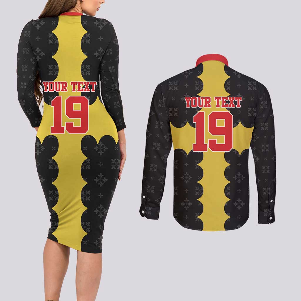 Custom Flintshire Wales Couples Matching Long Sleeve Bodycon Dress and Long Sleeve Button Shirt Coat Of Arms with Heraldic Flag - Wonder Print Shop
