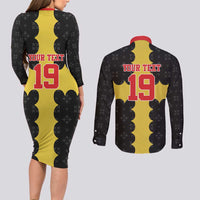 Custom Flintshire Wales Couples Matching Long Sleeve Bodycon Dress and Long Sleeve Button Shirt Coat Of Arms with Heraldic Flag - Wonder Print Shop
