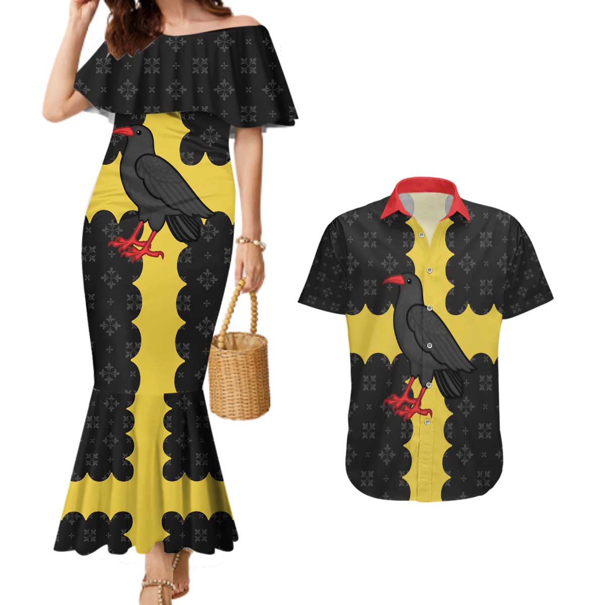 Custom Flintshire Wales Couples Matching Mermaid Dress and Hawaiian Shirt Coat Of Arms with Heraldic Flag - Wonder Print Shop