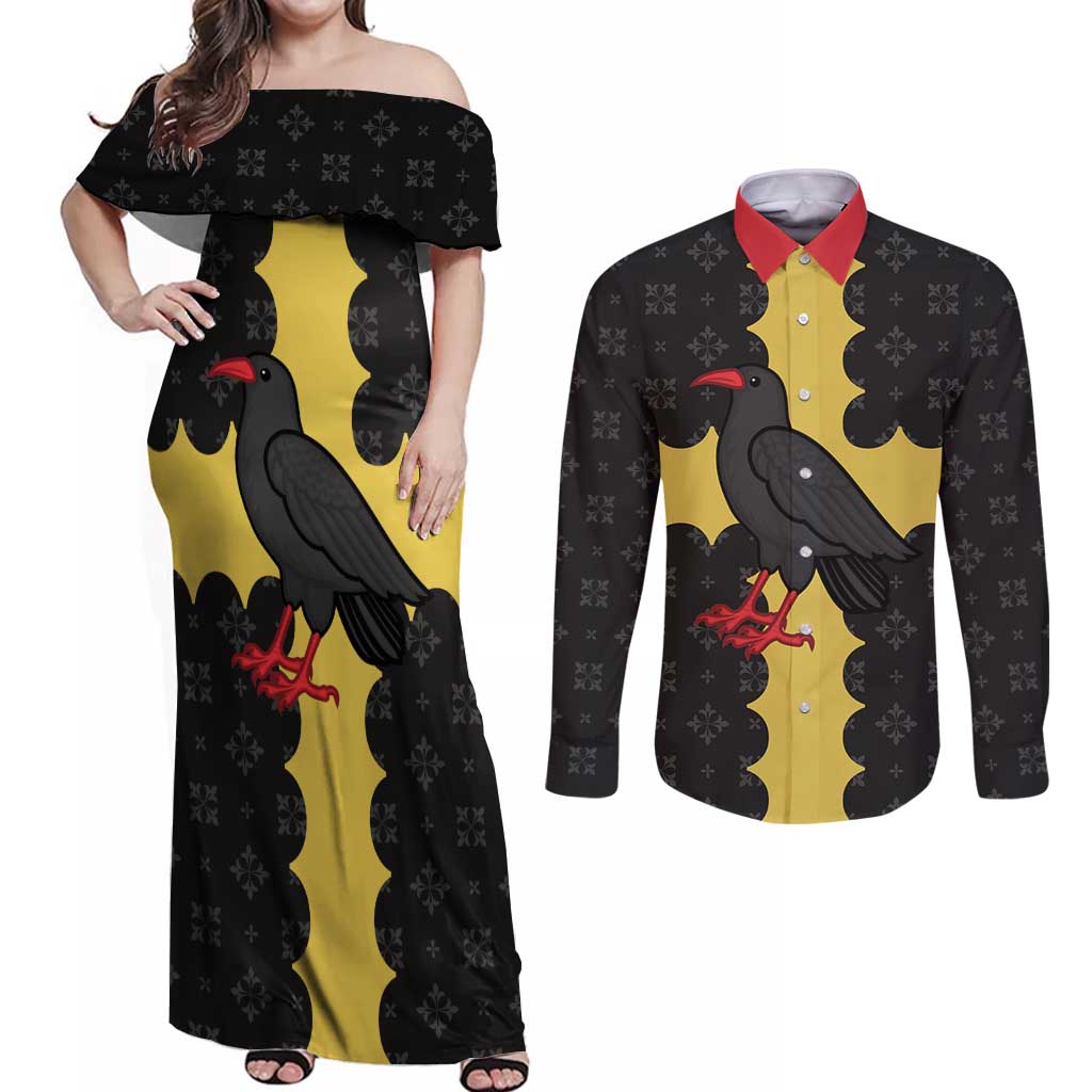 Custom Flintshire Wales Couples Matching Off Shoulder Maxi Dress and Long Sleeve Button Shirt Coat Of Arms with Heraldic Flag - Wonder Print Shop