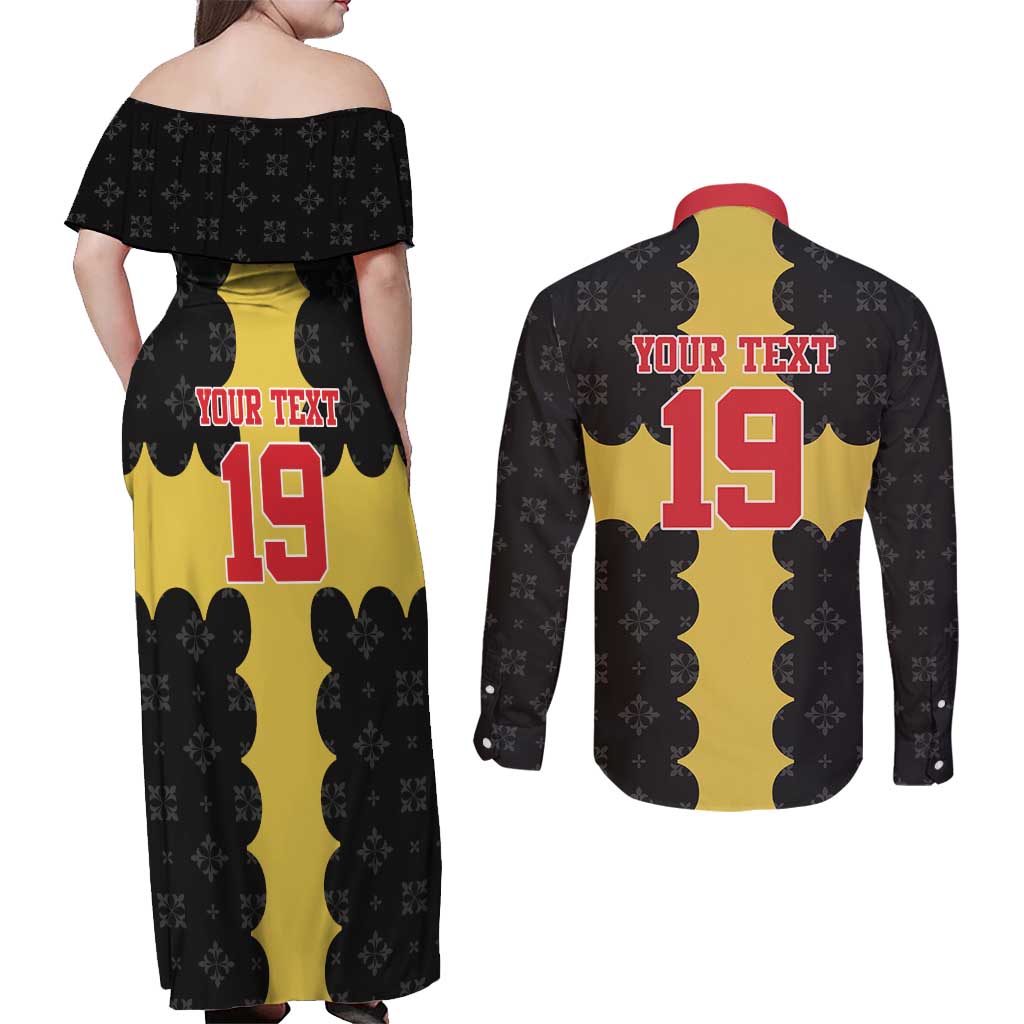 Custom Flintshire Wales Couples Matching Off Shoulder Maxi Dress and Long Sleeve Button Shirt Coat Of Arms with Heraldic Flag - Wonder Print Shop
