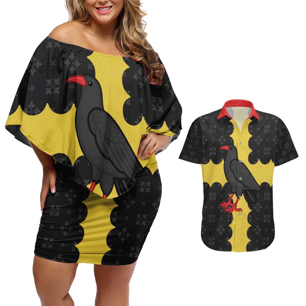Custom Flintshire Wales Couples Matching Off Shoulder Short Dress and Hawaiian Shirt Coat Of Arms with Heraldic Flag - Wonder Print Shop