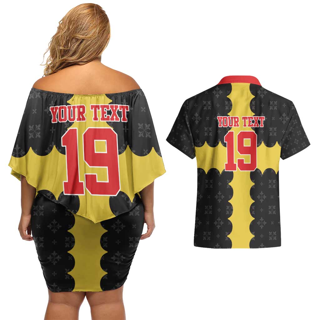 Custom Flintshire Wales Couples Matching Off Shoulder Short Dress and Hawaiian Shirt Coat Of Arms with Heraldic Flag - Wonder Print Shop