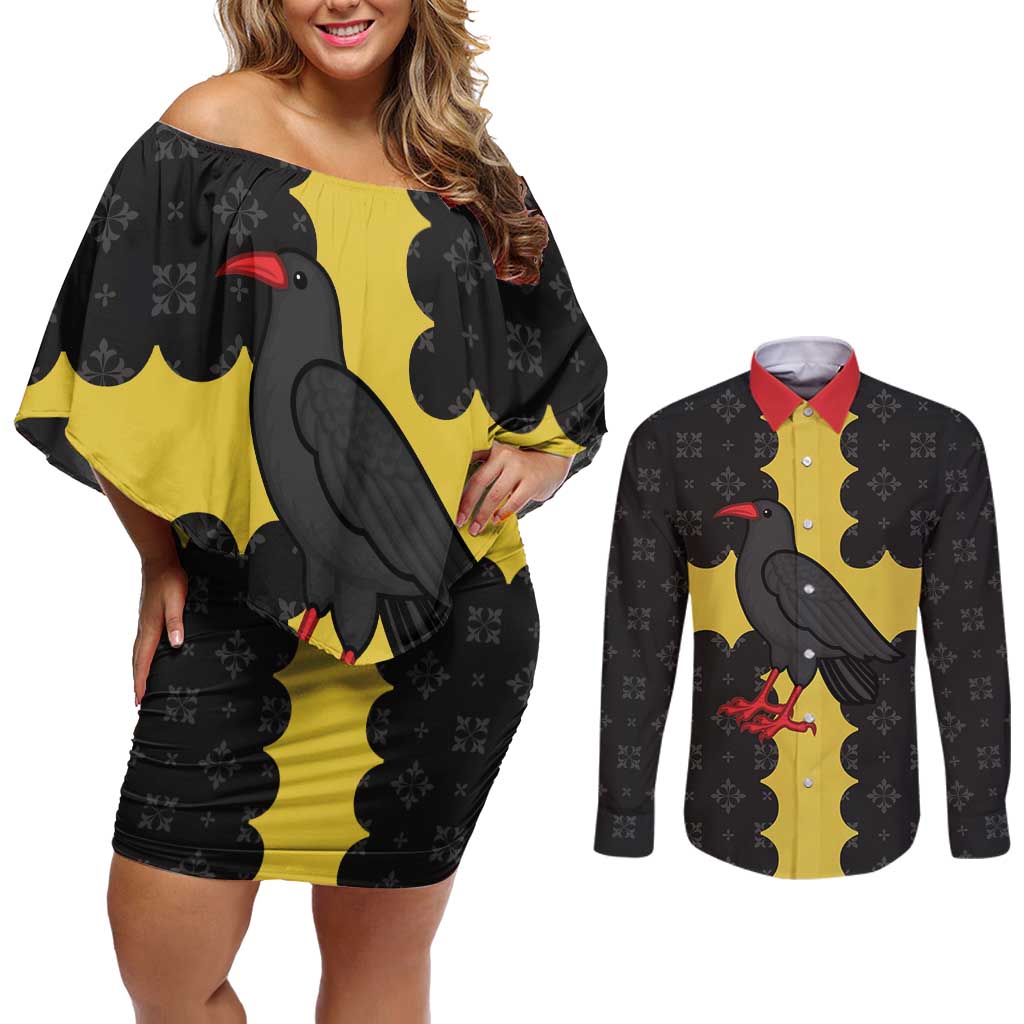 Custom Flintshire Wales Couples Matching Off Shoulder Short Dress and Long Sleeve Button Shirt Coat Of Arms with Heraldic Flag - Wonder Print Shop