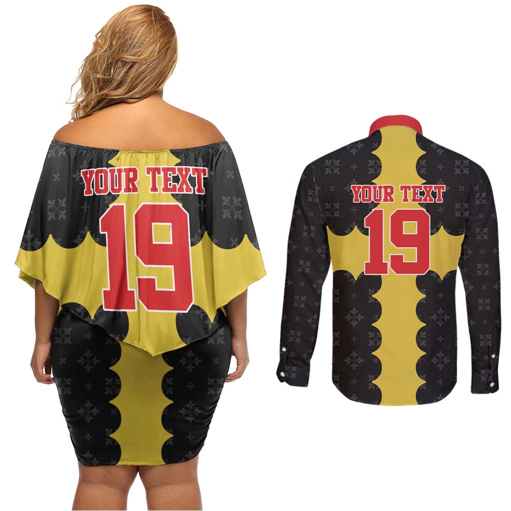 Custom Flintshire Wales Couples Matching Off Shoulder Short Dress and Long Sleeve Button Shirt Coat Of Arms with Heraldic Flag - Wonder Print Shop