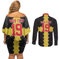 Custom Flintshire Wales Couples Matching Off Shoulder Short Dress and Long Sleeve Button Shirt Coat Of Arms with Heraldic Flag - Wonder Print Shop