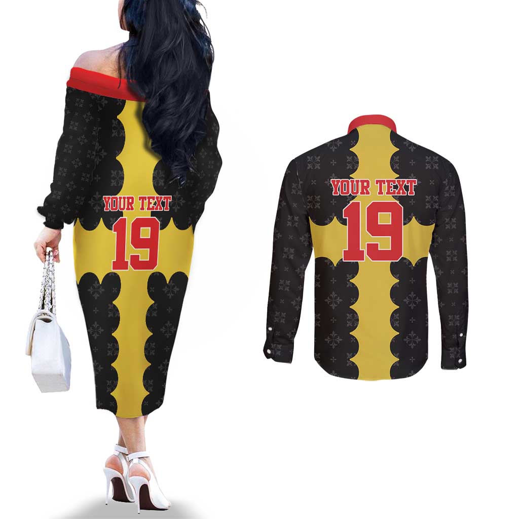 Custom Flintshire Wales Couples Matching Off The Shoulder Long Sleeve Dress and Long Sleeve Button Shirt Coat Of Arms with Heraldic Flag - Wonder Print Shop