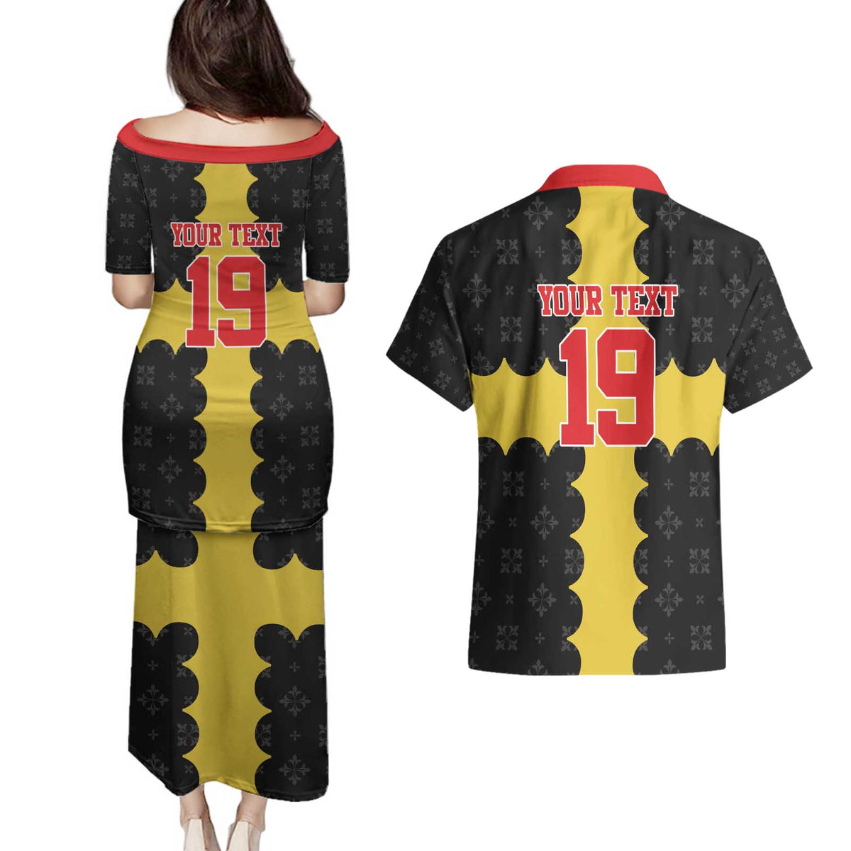 Custom Flintshire Wales Couples Matching Puletasi and Hawaiian Shirt Coat Of Arms with Heraldic Flag - Wonder Print Shop