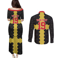 Custom Flintshire Wales Couples Matching Puletasi and Long Sleeve Button Shirt Coat Of Arms with Heraldic Flag - Wonder Print Shop