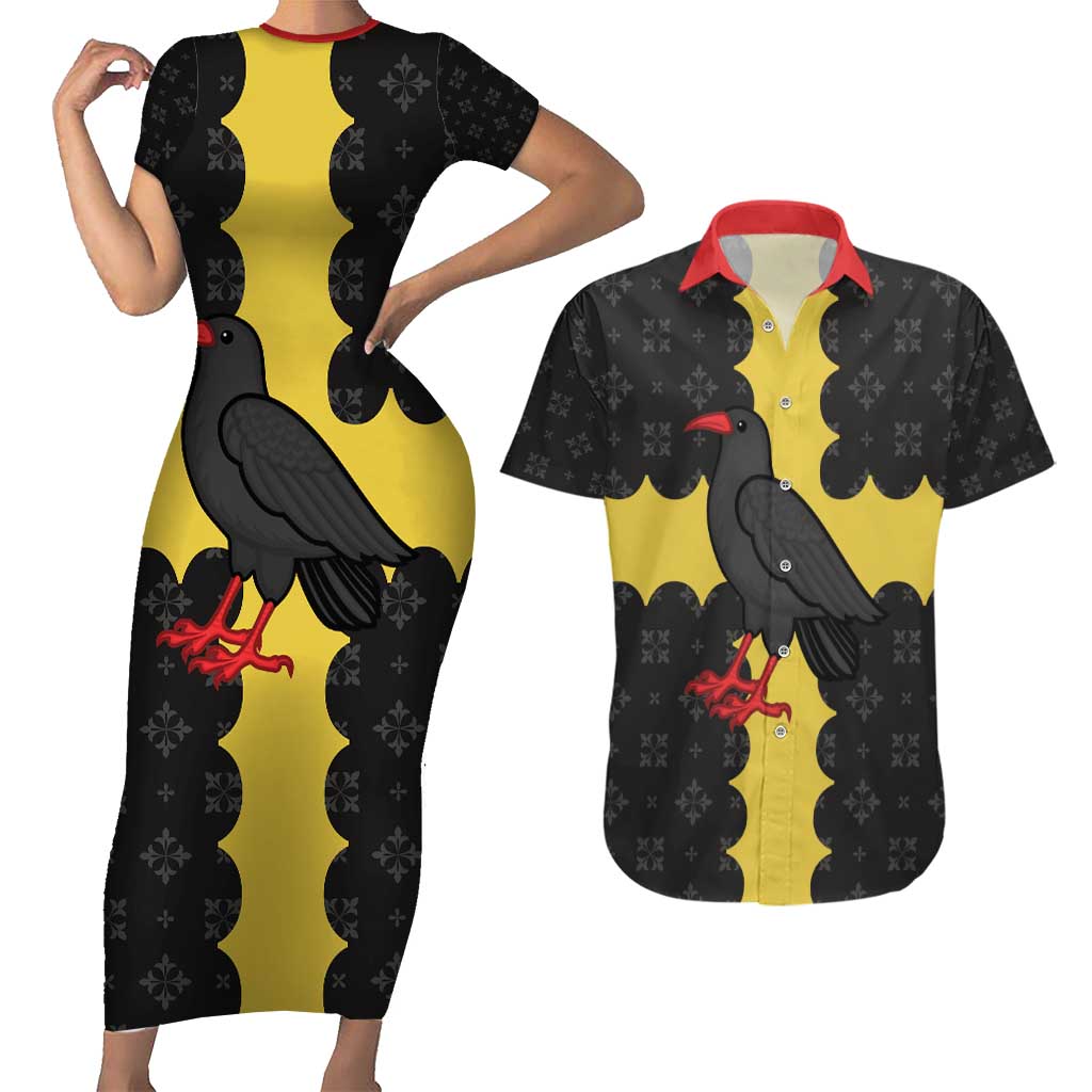 Custom Flintshire Wales Couples Matching Short Sleeve Bodycon Dress and Hawaiian Shirt Coat Of Arms with Heraldic Flag - Wonder Print Shop