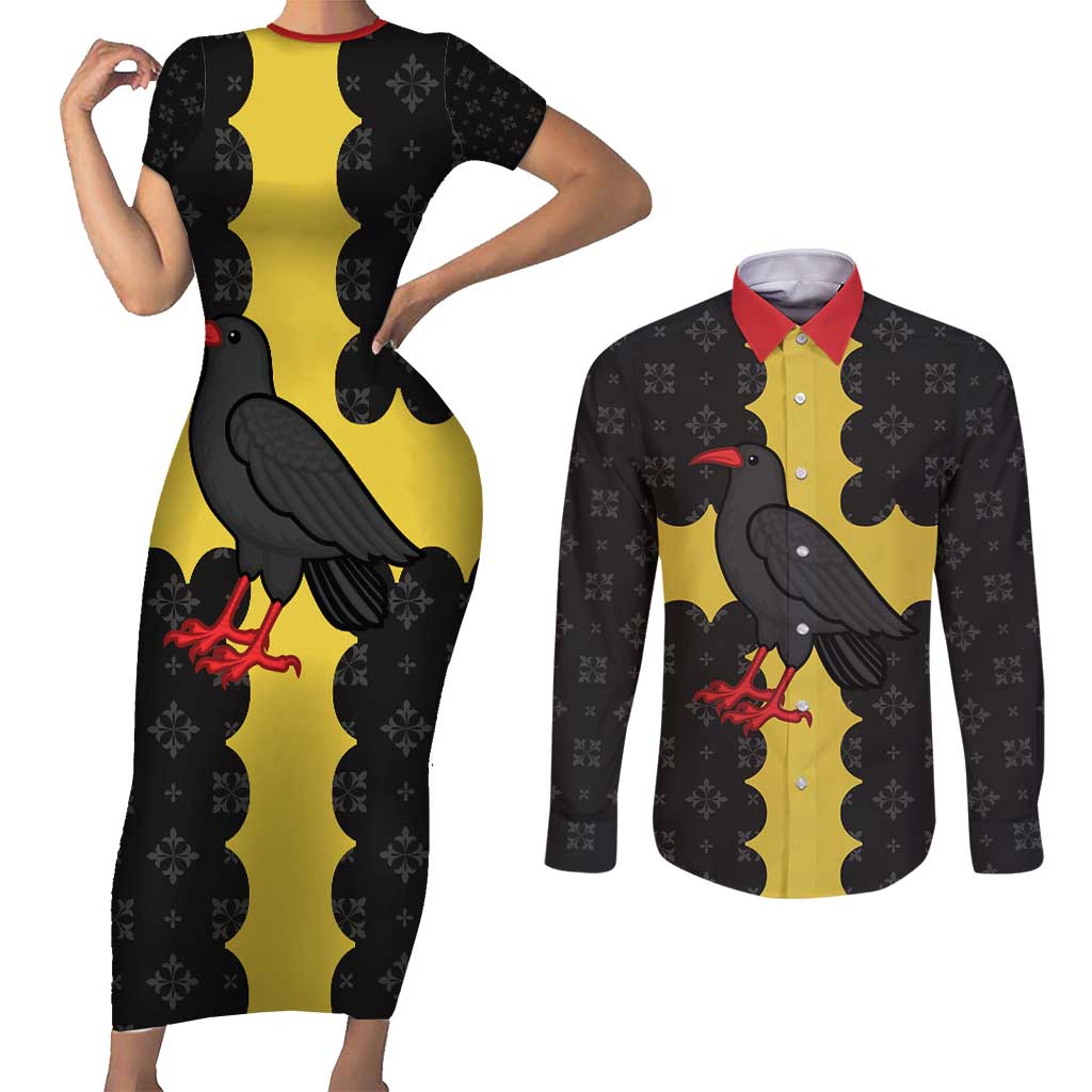 Custom Flintshire Wales Couples Matching Short Sleeve Bodycon Dress and Long Sleeve Button Shirt Coat Of Arms with Heraldic Flag - Wonder Print Shop