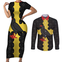 Custom Flintshire Wales Couples Matching Short Sleeve Bodycon Dress and Long Sleeve Button Shirt Coat Of Arms with Heraldic Flag - Wonder Print Shop