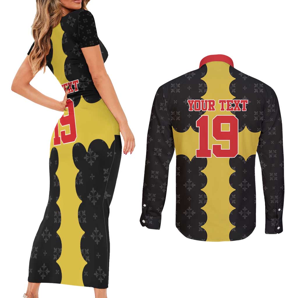 Custom Flintshire Wales Couples Matching Short Sleeve Bodycon Dress and Long Sleeve Button Shirt Coat Of Arms with Heraldic Flag - Wonder Print Shop