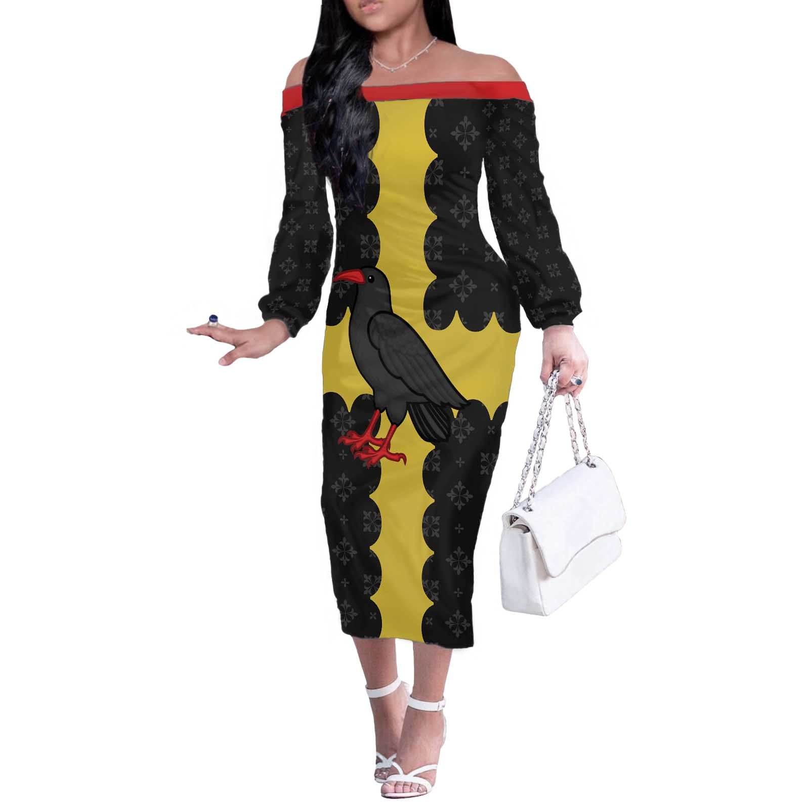 Custom Flintshire Wales Off The Shoulder Long Sleeve Dress Coat Of Arms with Heraldic Flag - Wonder Print Shop