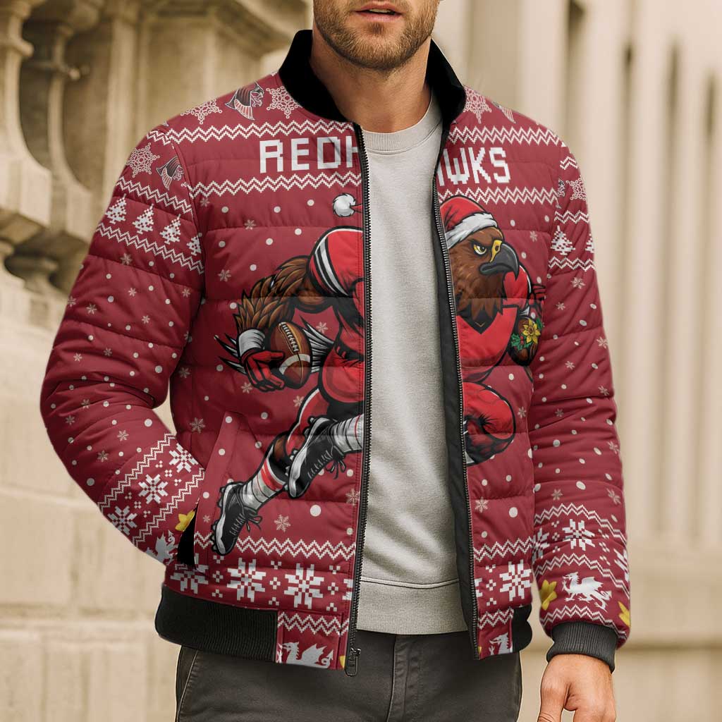 Personalized Radnorshire Wales Christmas Bomber Puffer Jacket Red-Tailed Hawk Rugby - Wonder Print Shop
