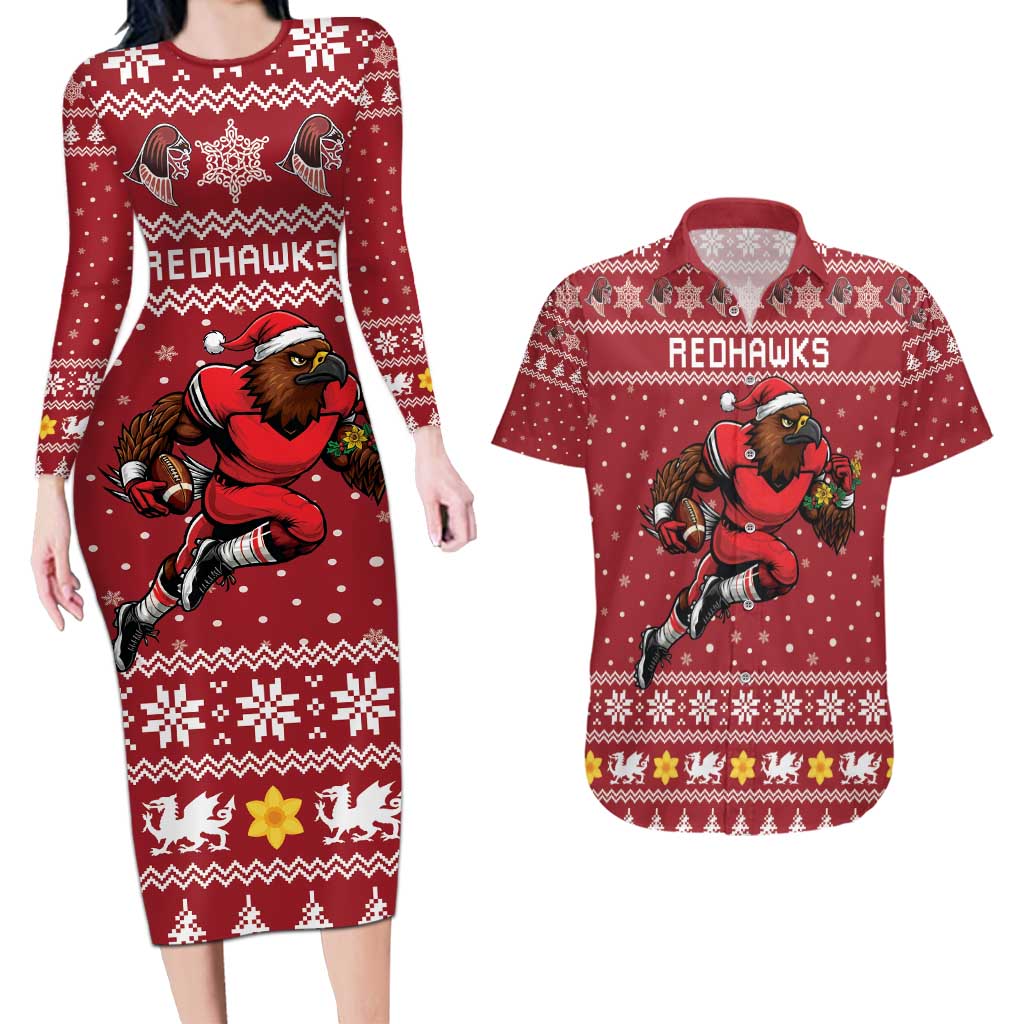 Personalized Radnorshire Wales Christmas Couples Matching Long Sleeve Bodycon Dress and Hawaiian Shirt Red-Tailed Hawk Rugby - Wonder Print Shop
