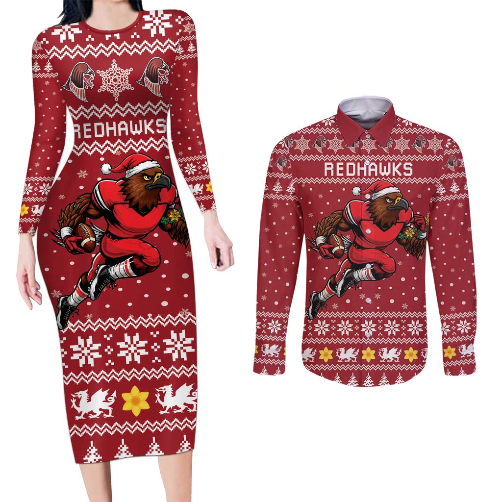 Personalized Radnorshire Wales Christmas Couples Matching Long Sleeve Bodycon Dress and Long Sleeve Button Shirt Red-Tailed Hawk Rugby - Wonder Print Shop