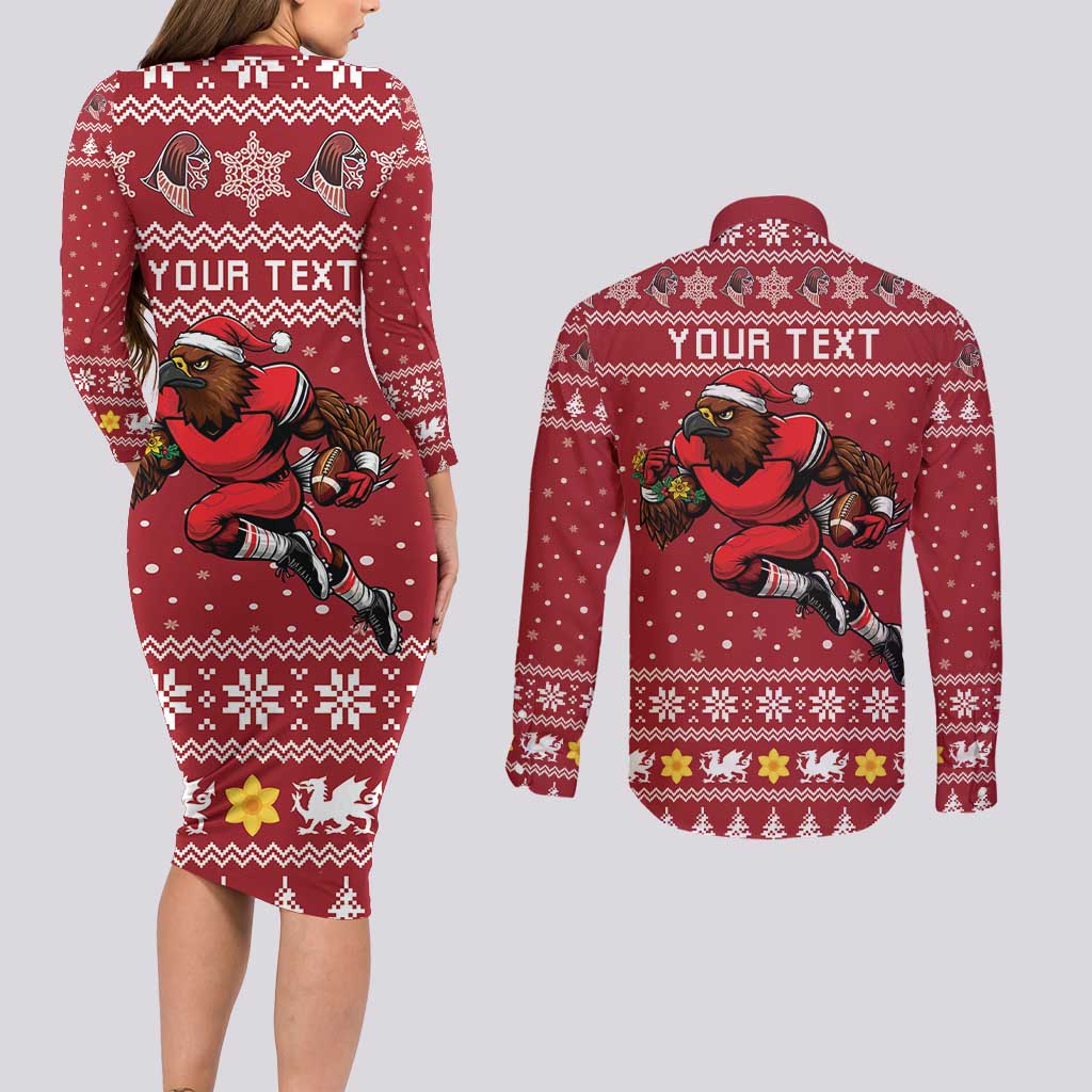 Personalized Radnorshire Wales Christmas Couples Matching Long Sleeve Bodycon Dress and Long Sleeve Button Shirt Red-Tailed Hawk Rugby - Wonder Print Shop