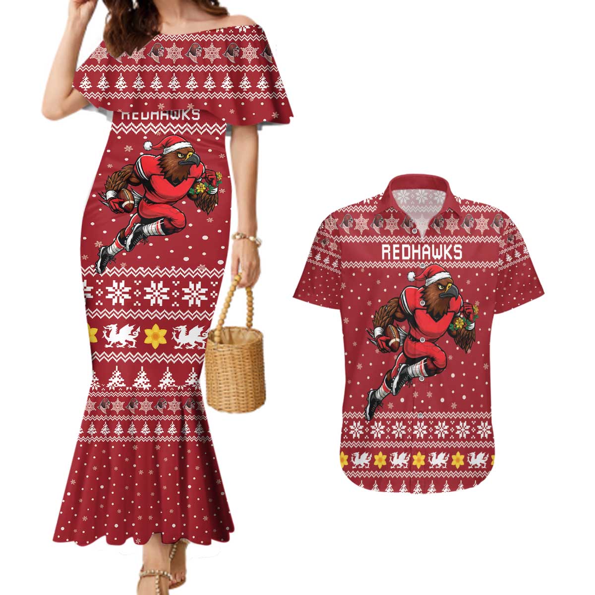 Personalized Radnorshire Wales Christmas Couples Matching Mermaid Dress and Hawaiian Shirt Red-Tailed Hawk Rugby - Wonder Print Shop