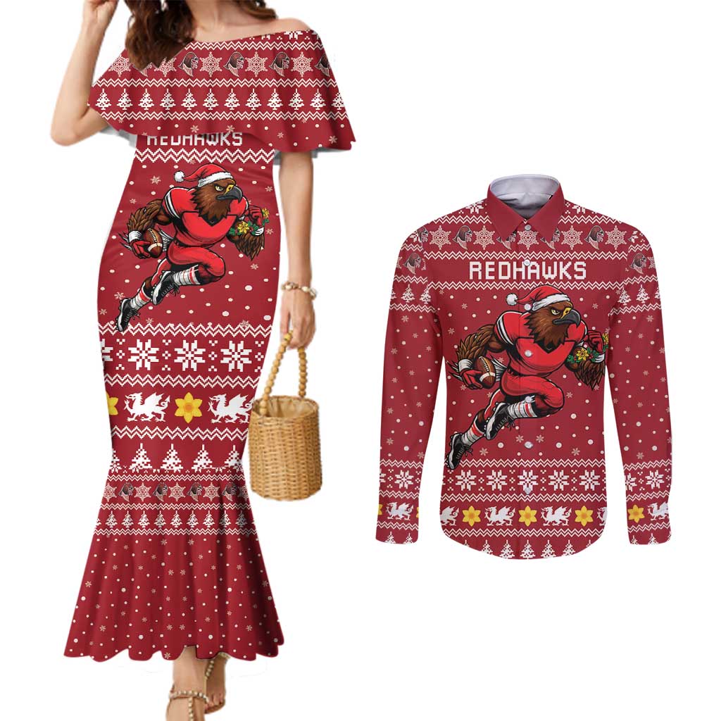 Personalized Radnorshire Wales Christmas Couples Matching Mermaid Dress and Long Sleeve Button Shirt Red-Tailed Hawk Rugby - Wonder Print Shop