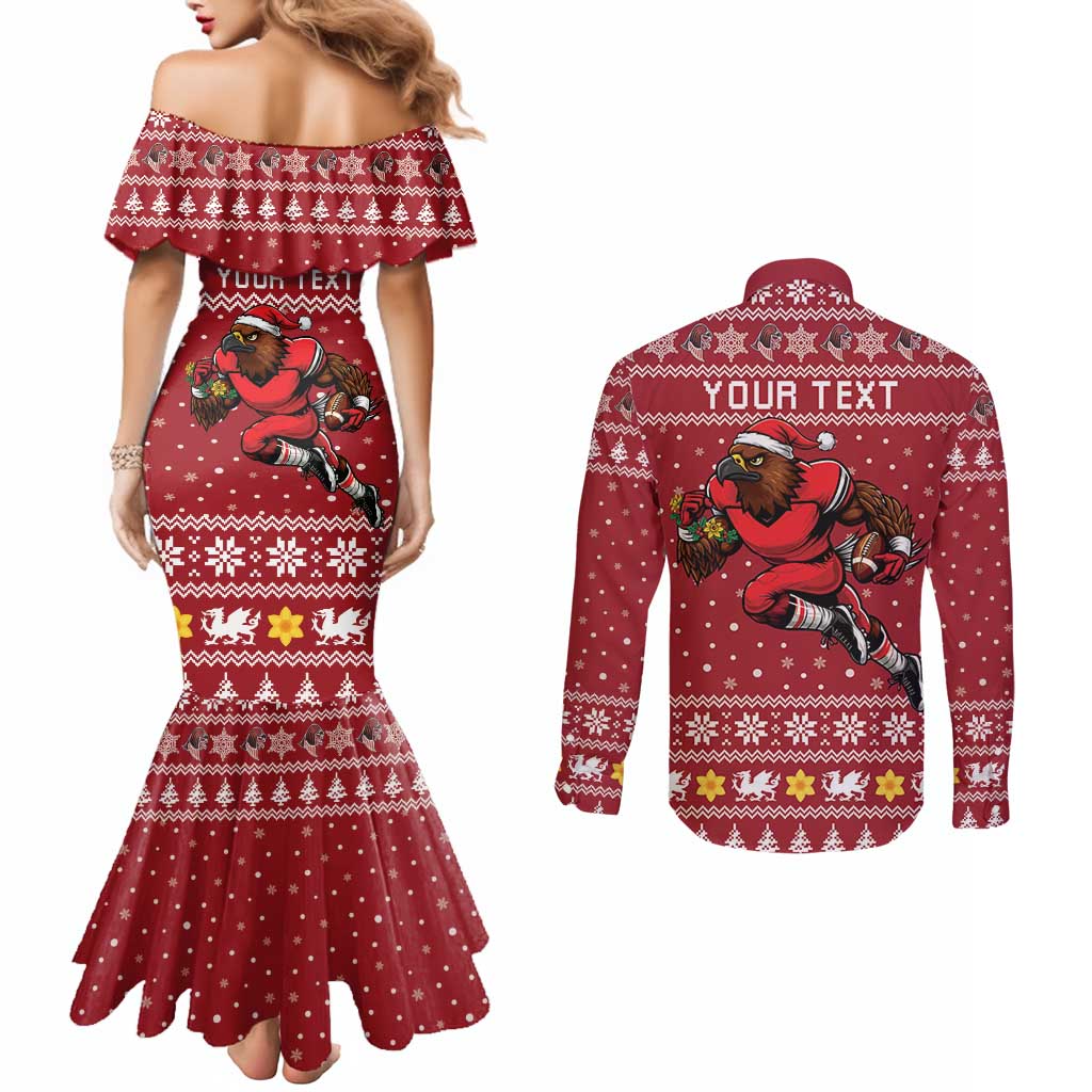 Personalized Radnorshire Wales Christmas Couples Matching Mermaid Dress and Long Sleeve Button Shirt Red-Tailed Hawk Rugby - Wonder Print Shop