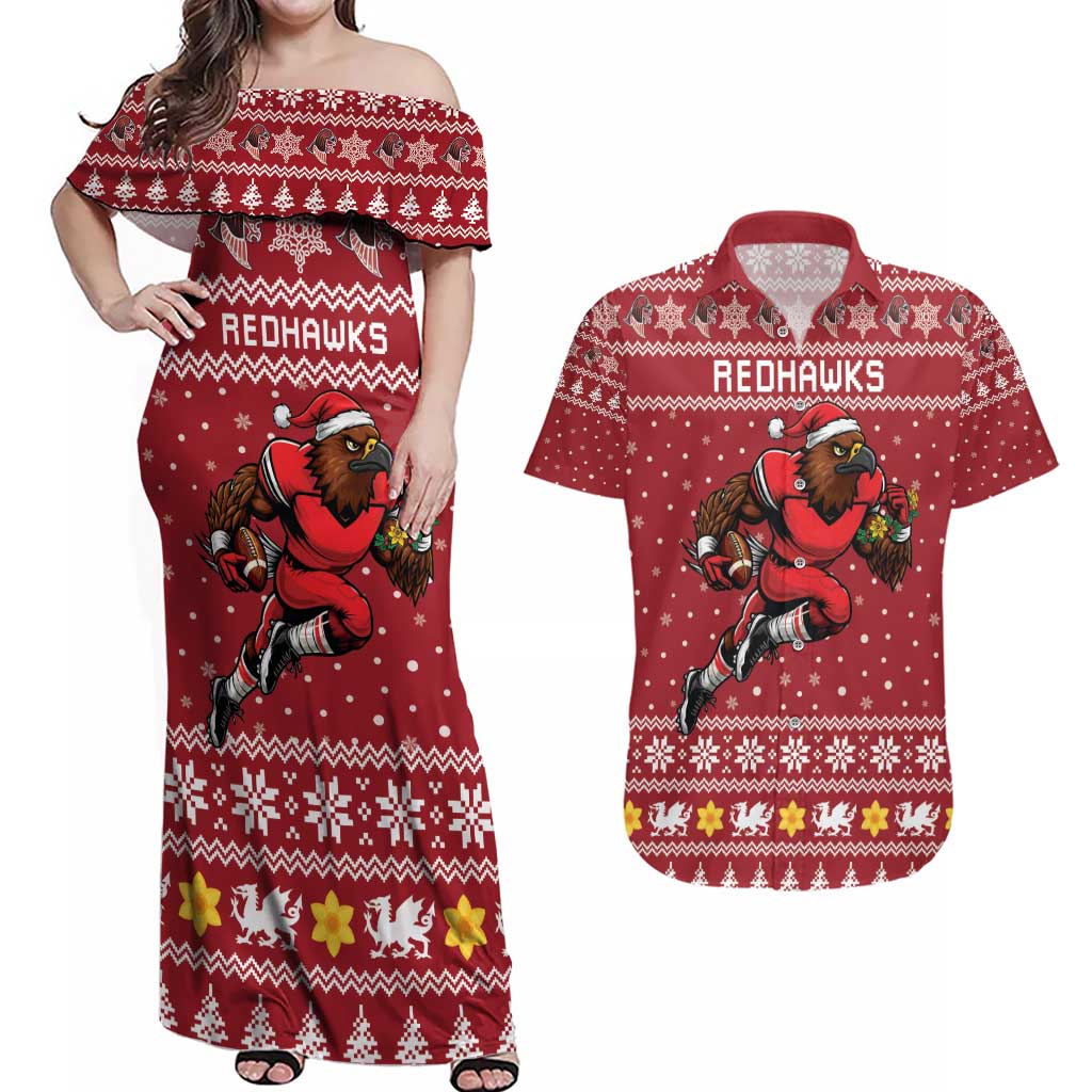 Personalized Radnorshire Wales Christmas Couples Matching Off Shoulder Maxi Dress and Hawaiian Shirt Red-Tailed Hawk Rugby - Wonder Print Shop