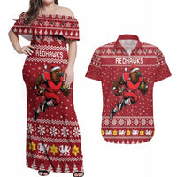 Personalized Radnorshire Wales Christmas Couples Matching Off Shoulder Maxi Dress and Hawaiian Shirt Red-Tailed Hawk Rugby - Wonder Print Shop