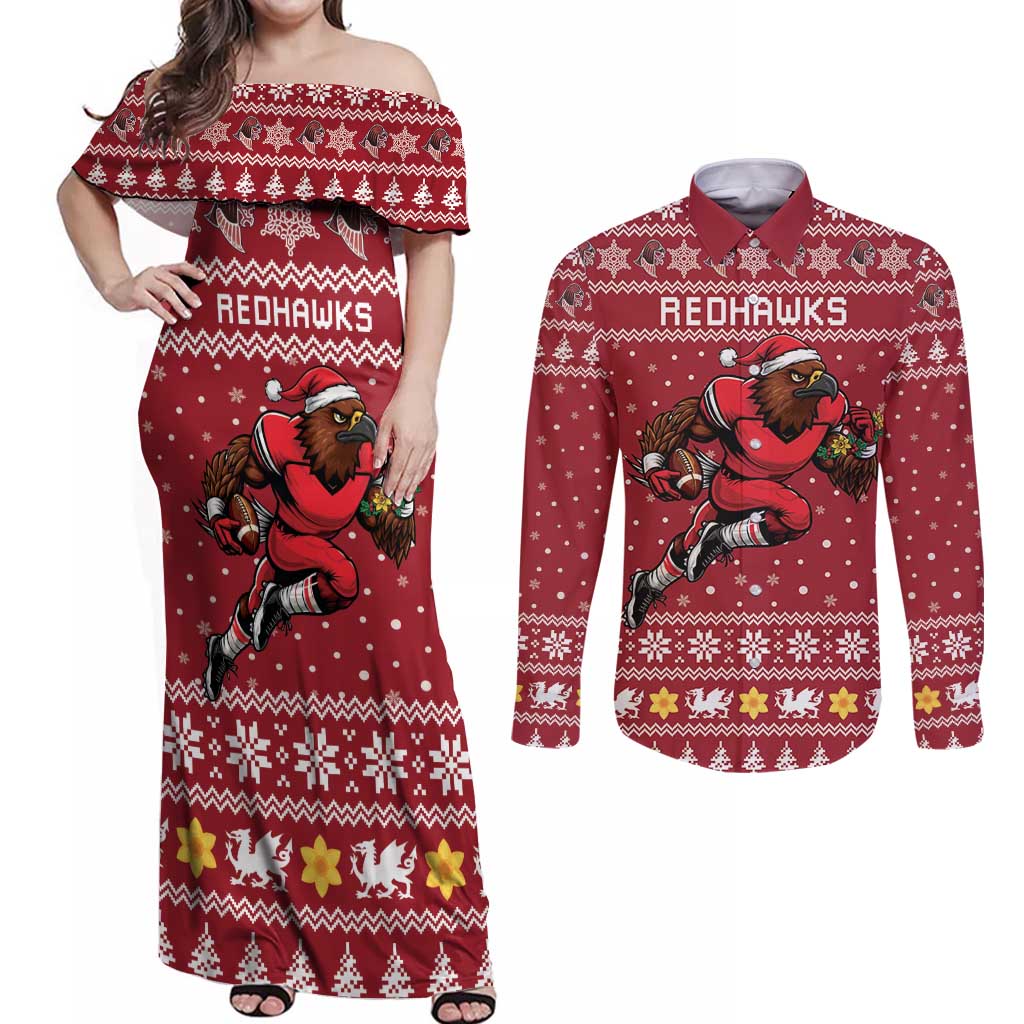 Personalized Radnorshire Wales Christmas Couples Matching Off Shoulder Maxi Dress and Long Sleeve Button Shirt Red-Tailed Hawk Rugby - Wonder Print Shop