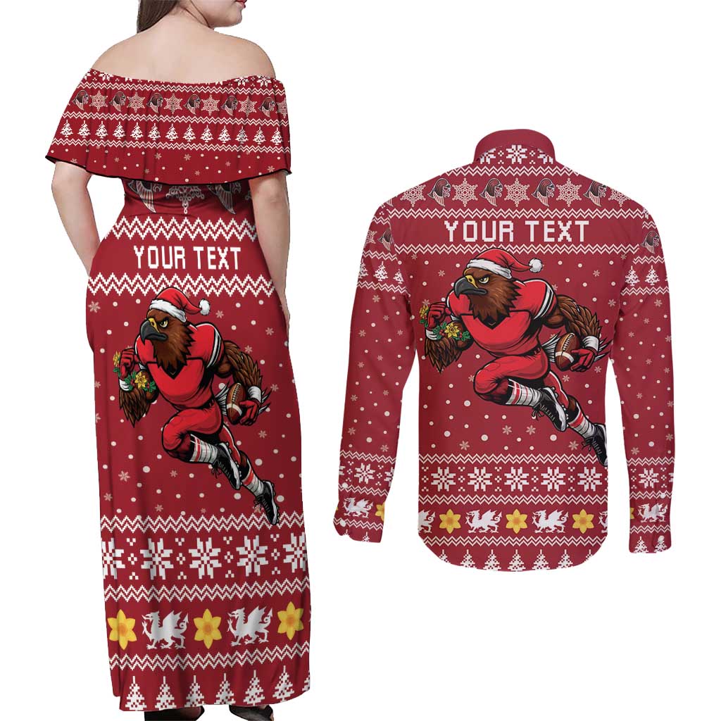 Personalized Radnorshire Wales Christmas Couples Matching Off Shoulder Maxi Dress and Long Sleeve Button Shirt Red-Tailed Hawk Rugby - Wonder Print Shop