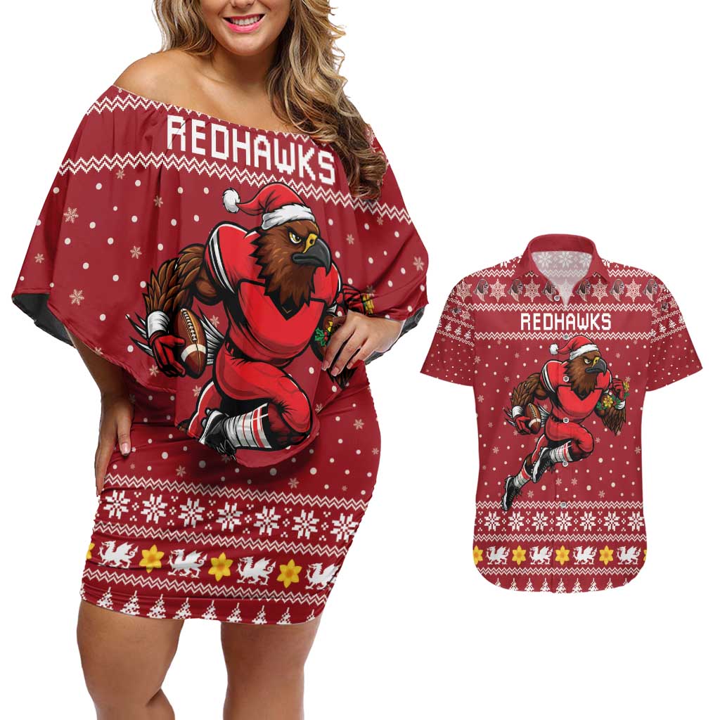 Personalized Radnorshire Wales Christmas Couples Matching Off Shoulder Short Dress and Hawaiian Shirt Red-Tailed Hawk Rugby - Wonder Print Shop