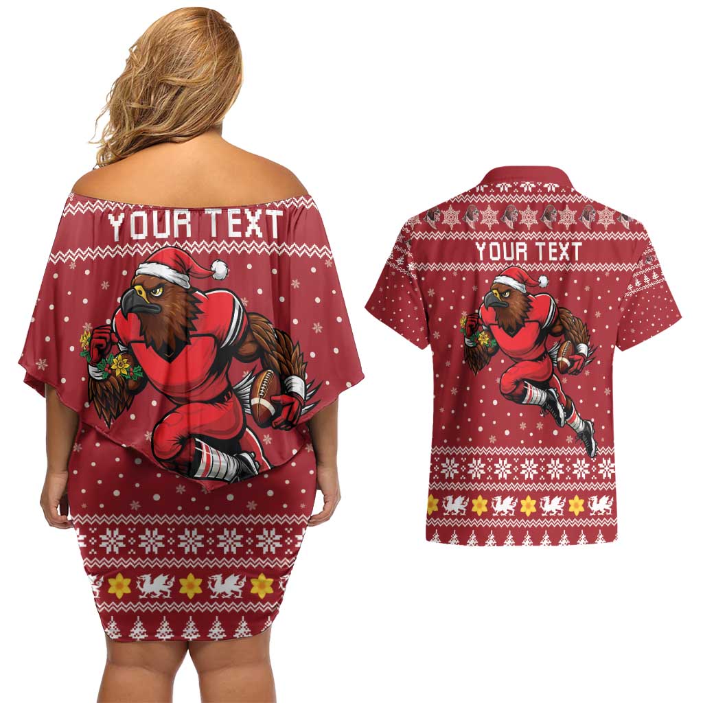 Personalized Radnorshire Wales Christmas Couples Matching Off Shoulder Short Dress and Hawaiian Shirt Red-Tailed Hawk Rugby - Wonder Print Shop
