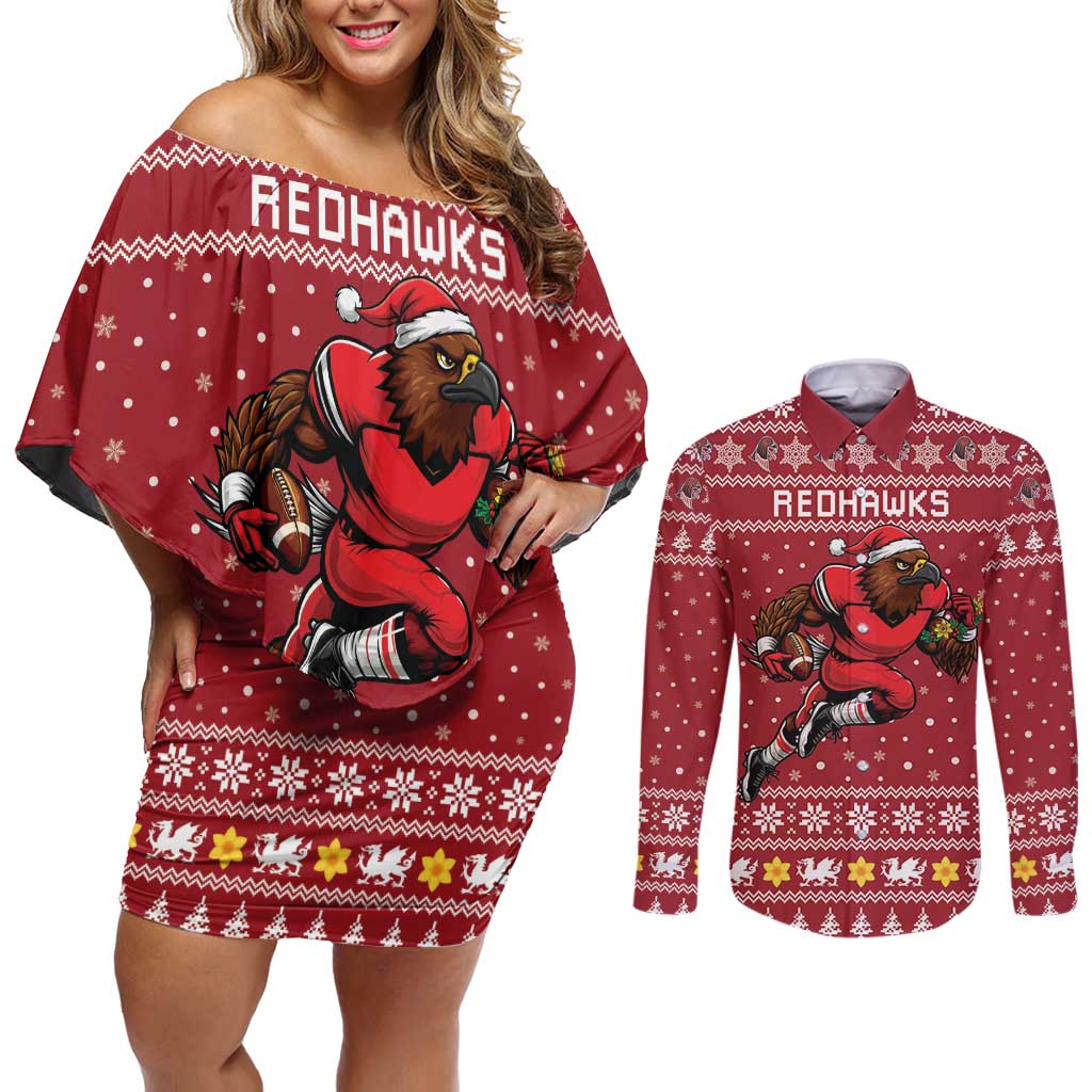 Personalized Radnorshire Wales Christmas Couples Matching Off Shoulder Short Dress and Long Sleeve Button Shirt Red-Tailed Hawk Rugby - Wonder Print Shop