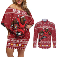 Personalized Radnorshire Wales Christmas Couples Matching Off Shoulder Short Dress and Long Sleeve Button Shirt Red-Tailed Hawk Rugby - Wonder Print Shop