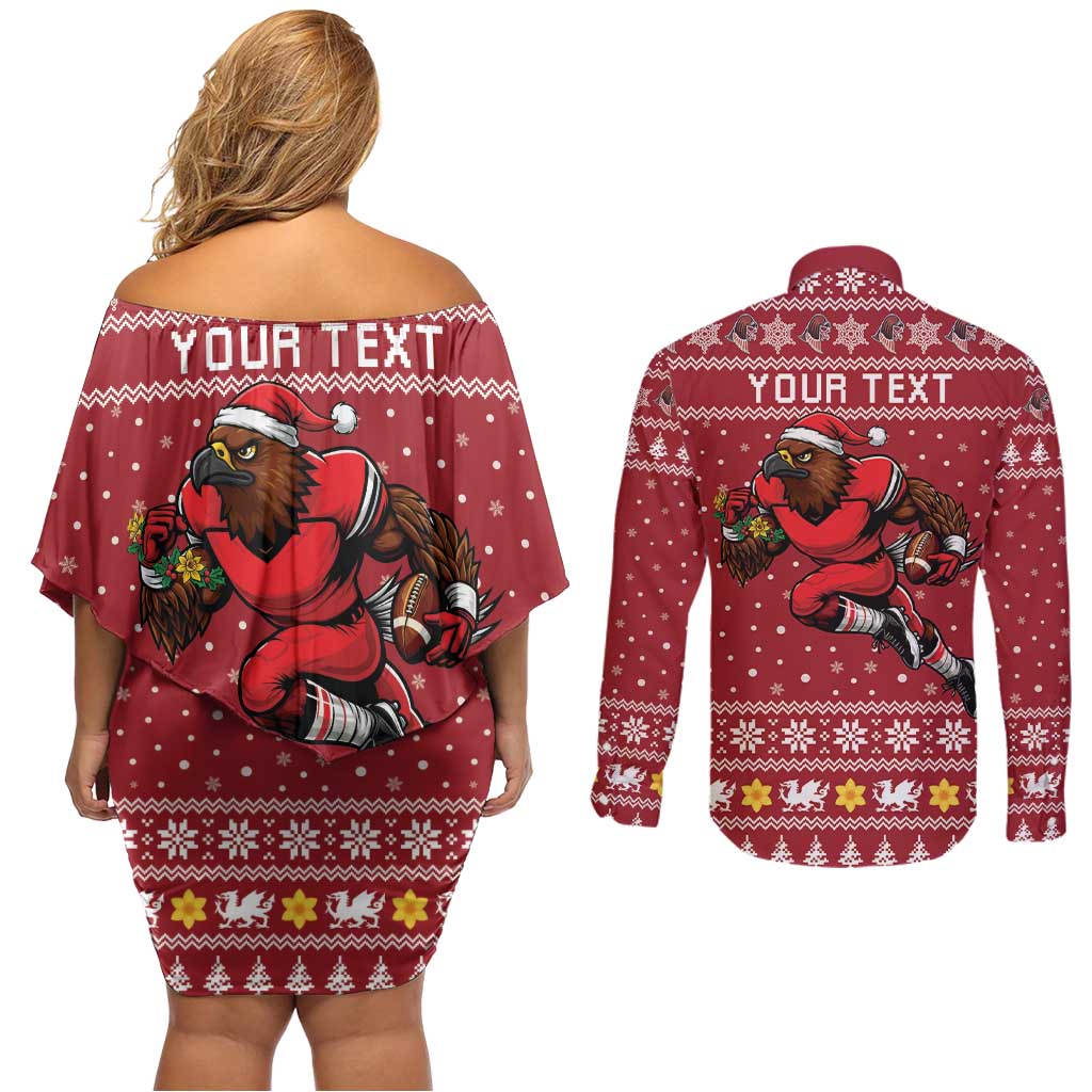 Personalized Radnorshire Wales Christmas Couples Matching Off Shoulder Short Dress and Long Sleeve Button Shirt Red-Tailed Hawk Rugby - Wonder Print Shop