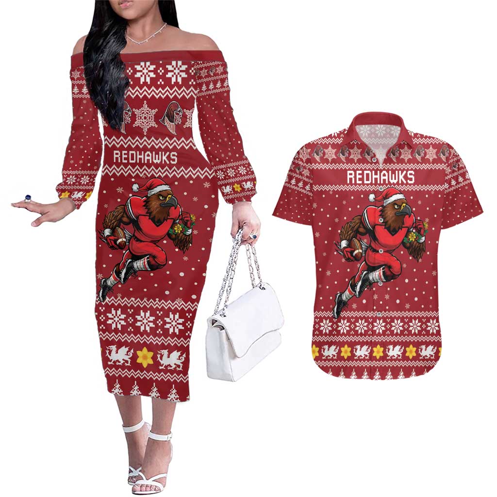 Personalized Radnorshire Wales Christmas Couples Matching Off The Shoulder Long Sleeve Dress and Hawaiian Shirt Red-Tailed Hawk Rugby - Wonder Print Shop