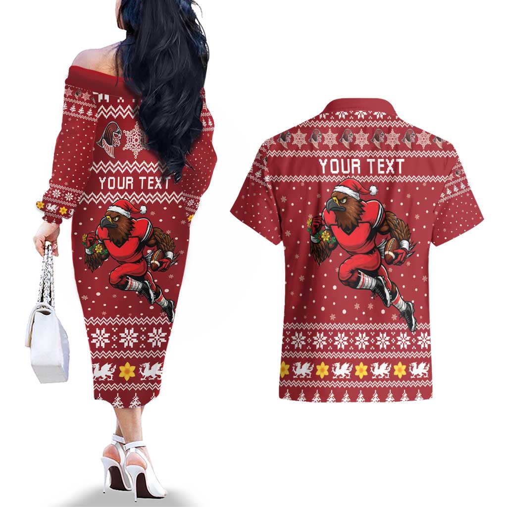 Personalized Radnorshire Wales Christmas Couples Matching Off The Shoulder Long Sleeve Dress and Hawaiian Shirt Red-Tailed Hawk Rugby - Wonder Print Shop