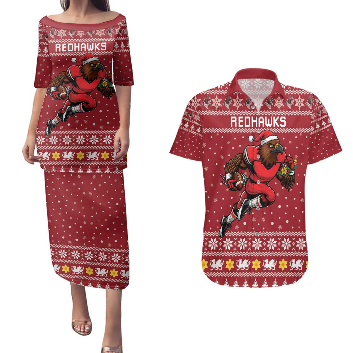 Personalized Radnorshire Wales Christmas Couples Matching Puletasi and Hawaiian Shirt Red-Tailed Hawk Rugby - Wonder Print Shop
