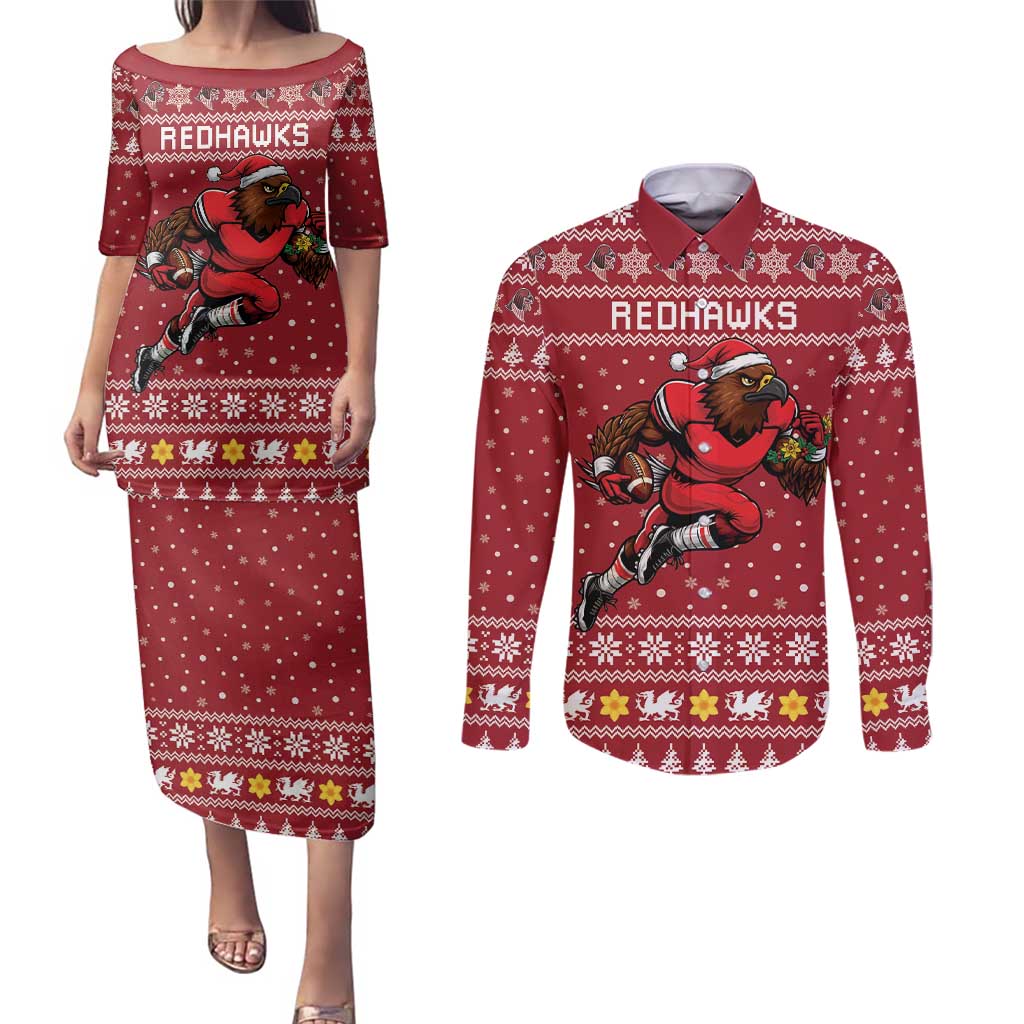 Personalized Radnorshire Wales Christmas Couples Matching Puletasi and Long Sleeve Button Shirt Red-Tailed Hawk Rugby - Wonder Print Shop
