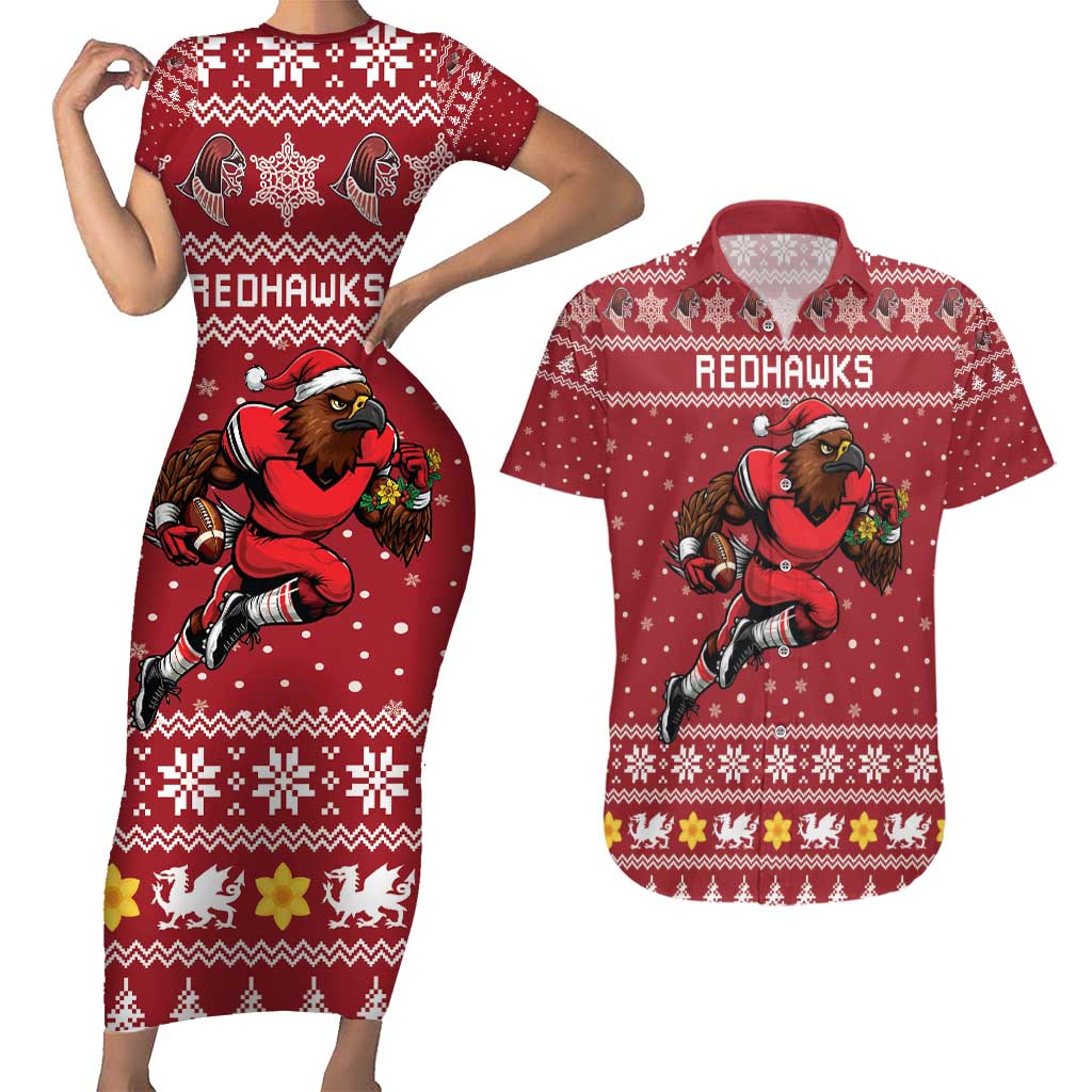 Personalized Radnorshire Wales Christmas Couples Matching Short Sleeve Bodycon Dress and Hawaiian Shirt Red-Tailed Hawk Rugby - Wonder Print Shop