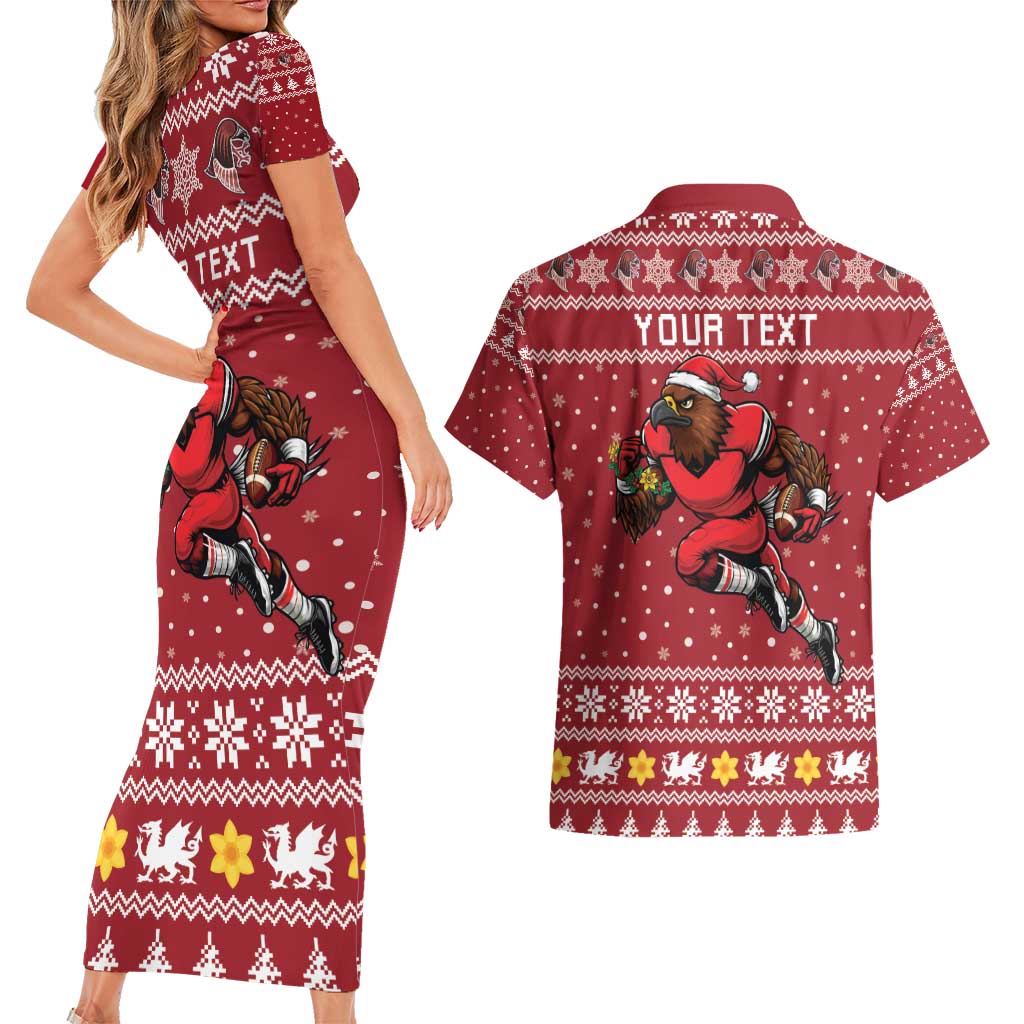 Personalized Radnorshire Wales Christmas Couples Matching Short Sleeve Bodycon Dress and Hawaiian Shirt Red-Tailed Hawk Rugby - Wonder Print Shop