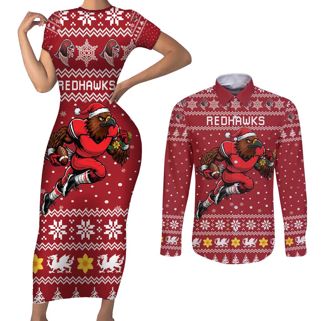 Personalized Radnorshire Wales Christmas Couples Matching Short Sleeve Bodycon Dress and Long Sleeve Button Shirt Red-Tailed Hawk Rugby - Wonder Print Shop