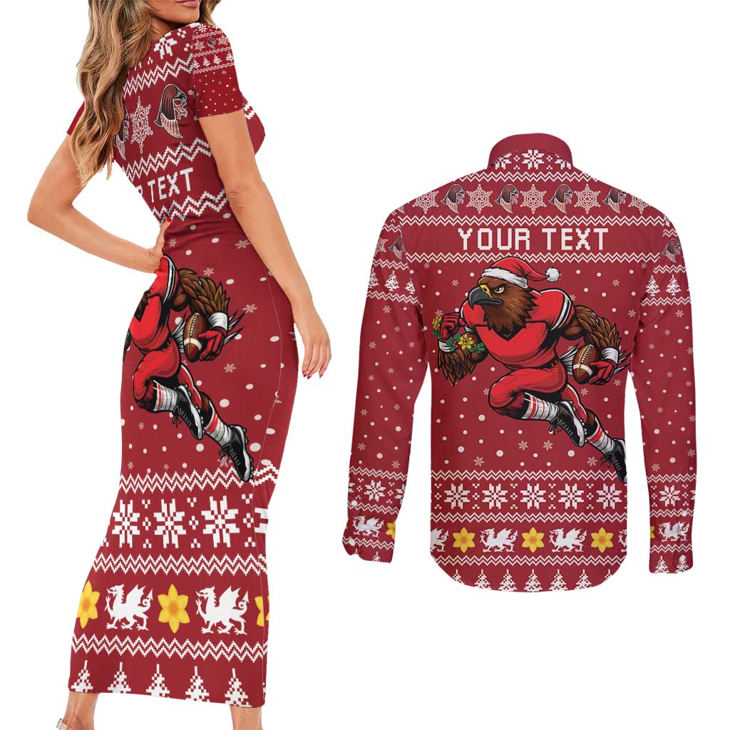 Personalized Radnorshire Wales Christmas Couples Matching Short Sleeve Bodycon Dress and Long Sleeve Button Shirt Red-Tailed Hawk Rugby - Wonder Print Shop