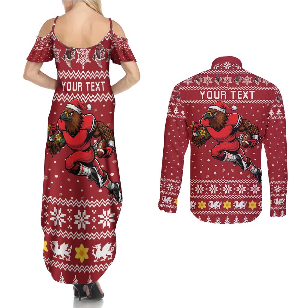 Personalized Radnorshire Wales Christmas Couples Matching Summer Maxi Dress and Long Sleeve Button Shirt Red-Tailed Hawk Rugby - Wonder Print Shop