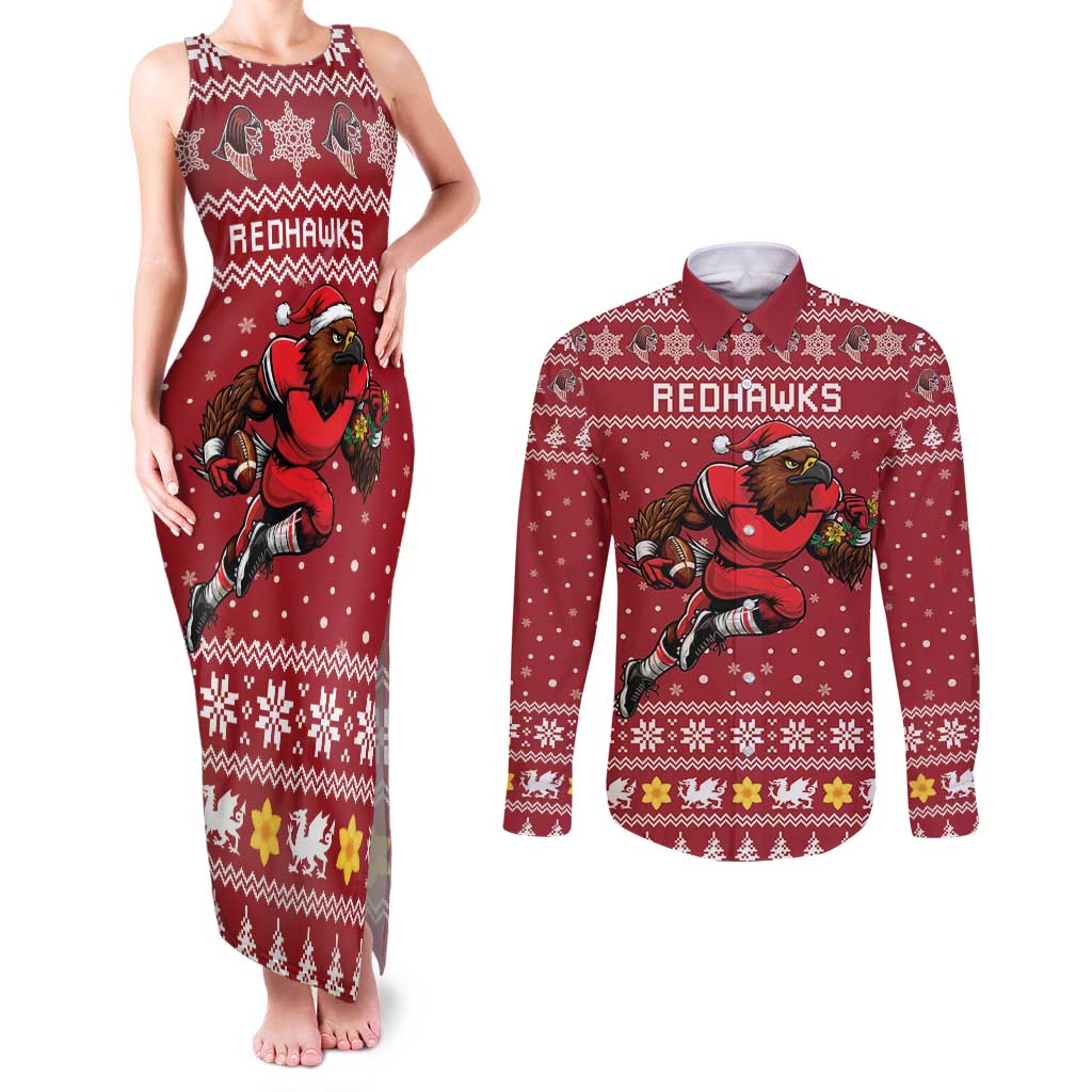 Personalized Radnorshire Wales Christmas Couples Matching Tank Maxi Dress and Long Sleeve Button Shirt Red-Tailed Hawk Rugby - Wonder Print Shop