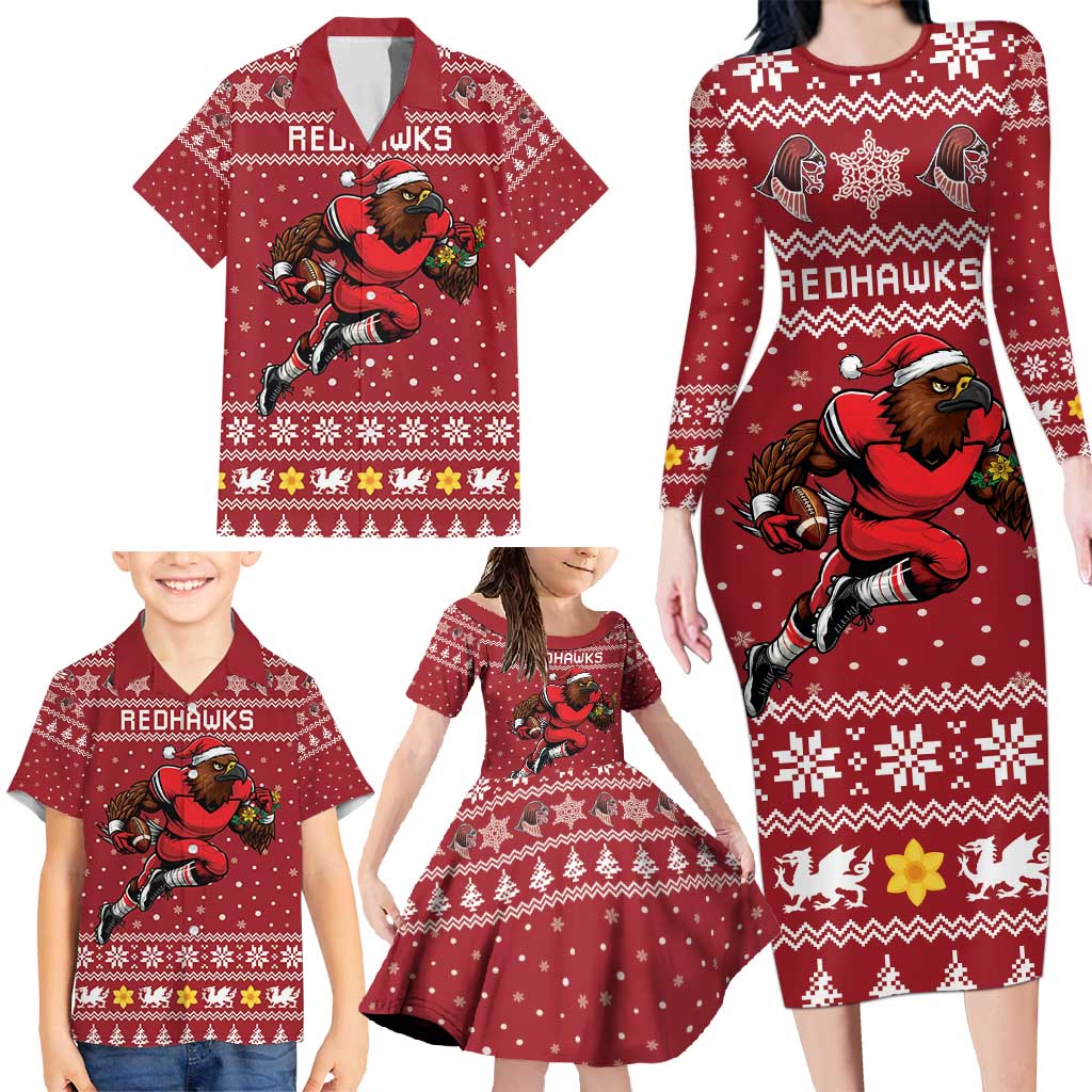 Personalized Radnorshire Wales Christmas Family Matching Long Sleeve Bodycon Dress and Hawaiian Shirt Red-Tailed Hawk Rugby - Wonder Print Shop
